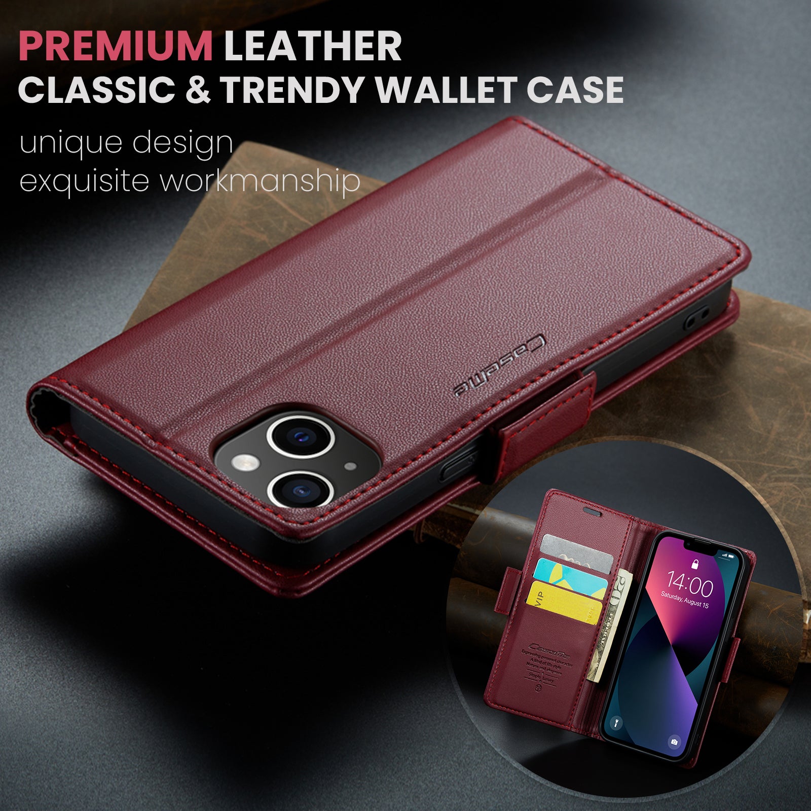 iPhone 14 CaseMe 023 Wallet Flip Cover, RFID Protection, Card Holder