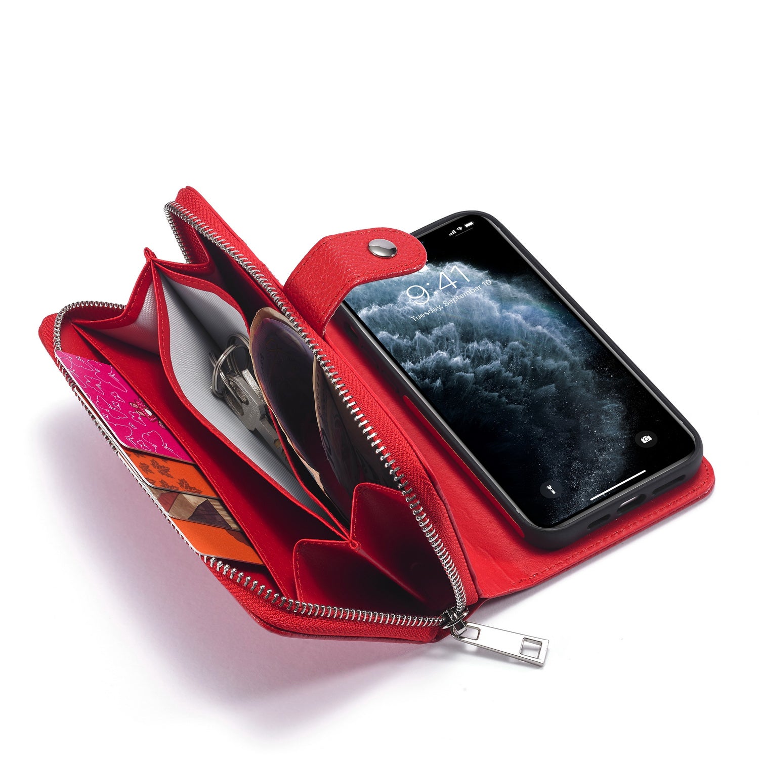 iPhone 12 Mini Case Zipper Wallet (Red)