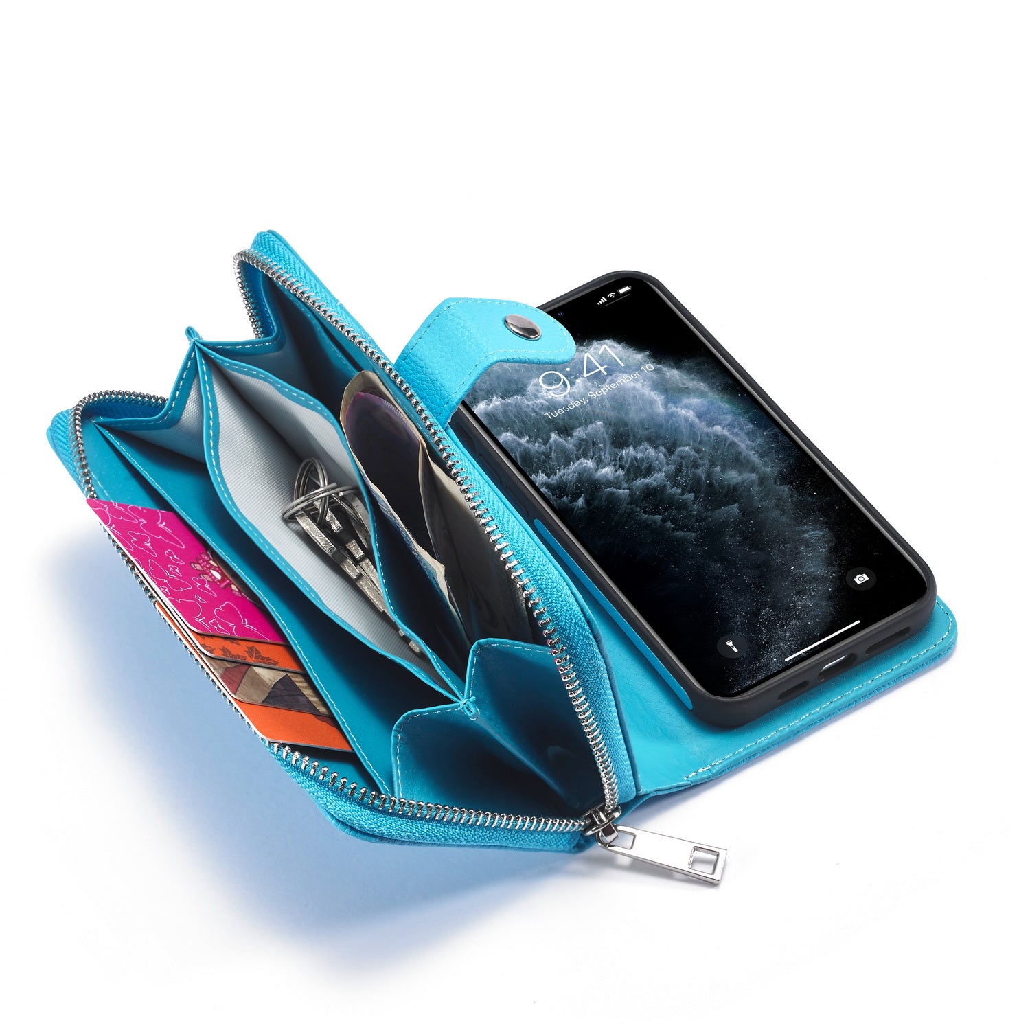 iPhone 12 Mini Case Zipper Wallet (LightBlue)