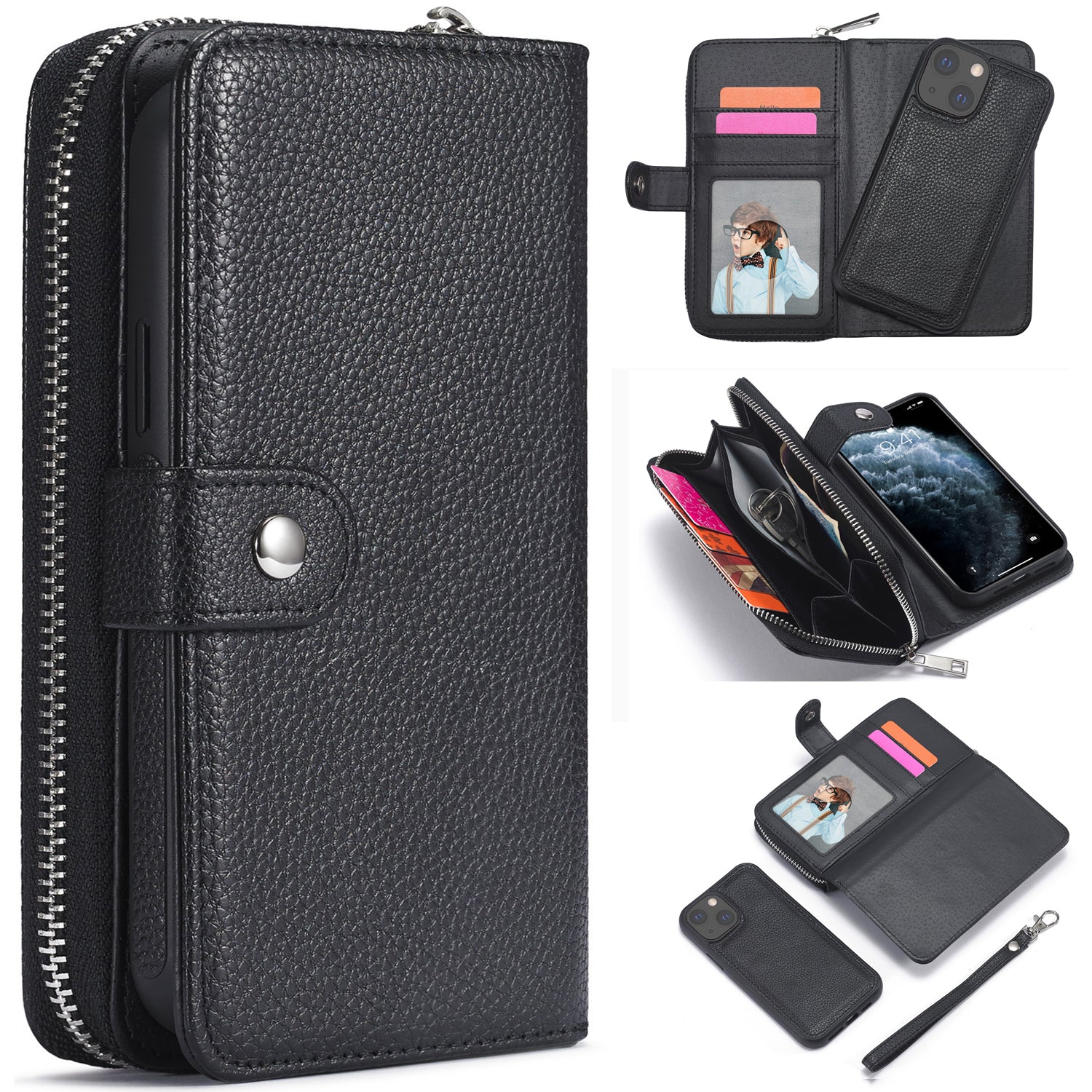 iPhone 13 Case Zipper Wallet (Black)