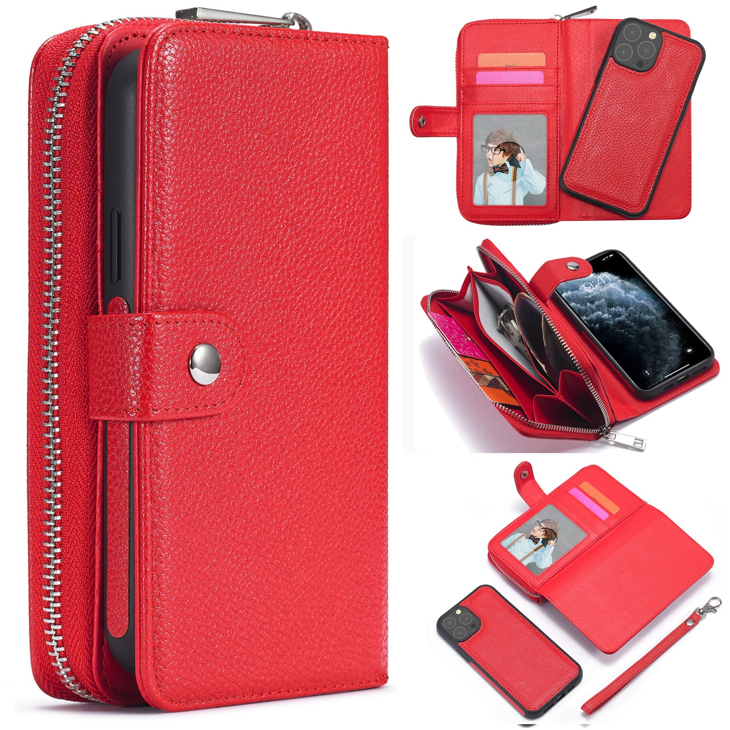 iPhone 13 Pro Max Case Zipper Wallet (Red)