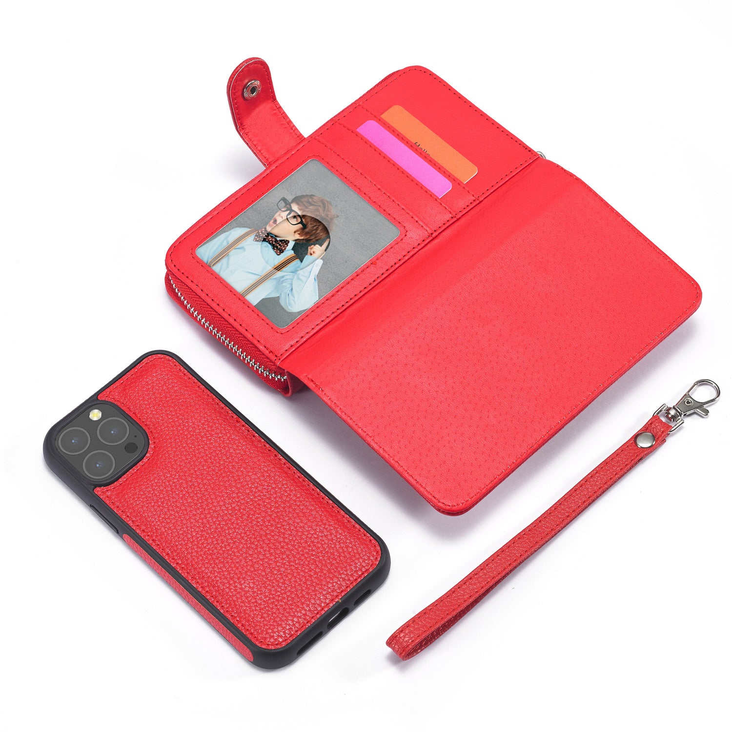 iPhone 13 Pro Case Zipper Wallet (Red)