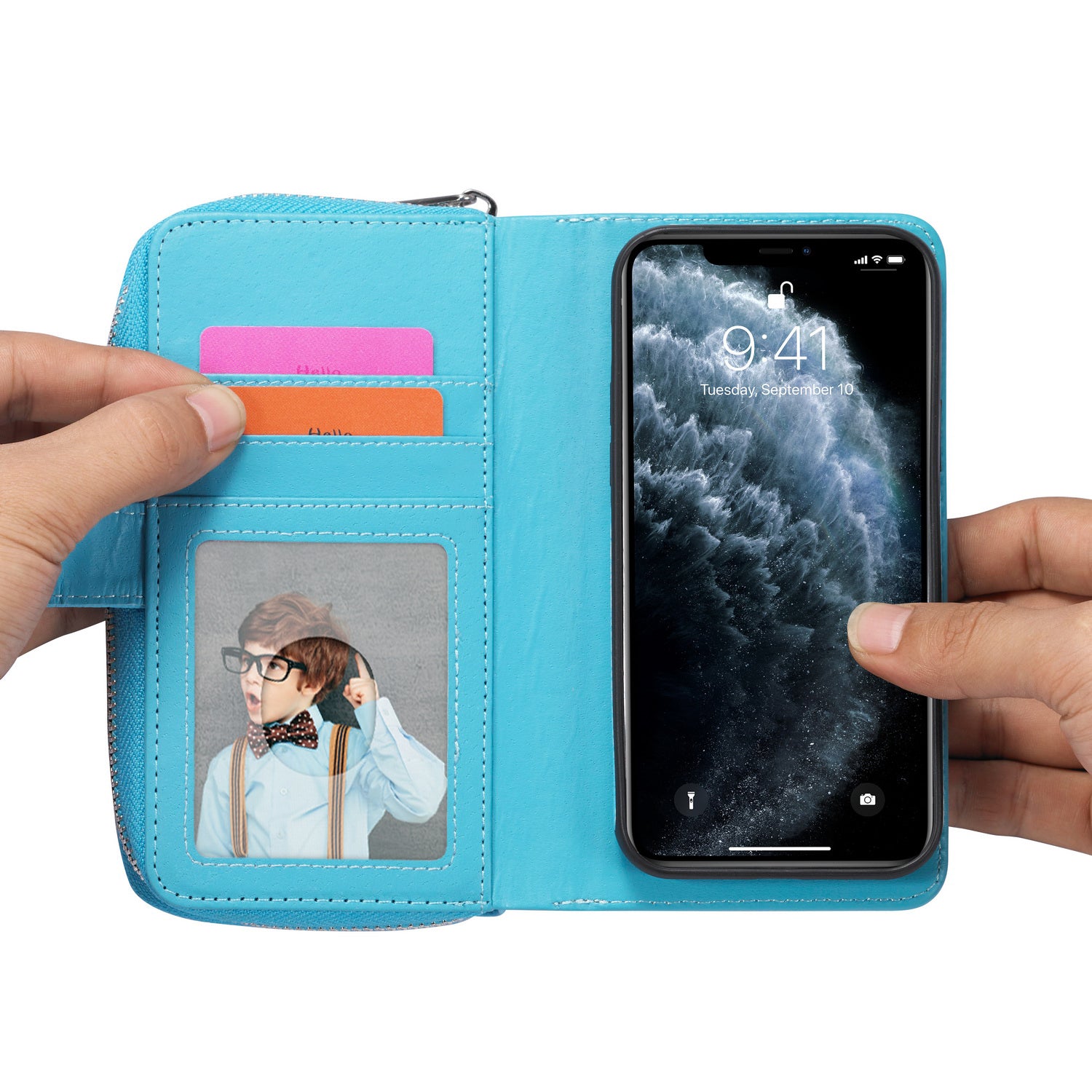 iPhone 13 Pro Case Zipper Wallet (LightBlue)